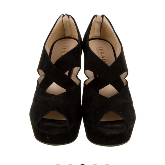 Prada Shoes - 💥HOST PICK 💥 PRADA black suede peep toe wedge heels with platform zipper back